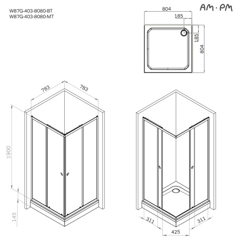 Душевое ограждение 80x80 см, без поддона AM.PM Sunny W87G-403-8080-BT фото 3