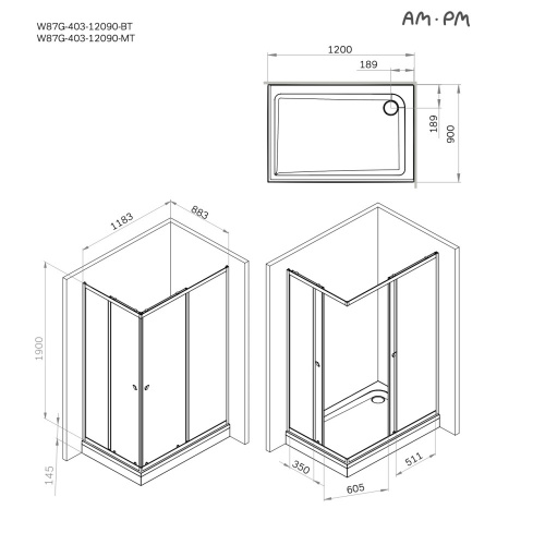Душевое ограждение 120x90 см, без поддона AM.PM Sunny W87G-403-12090-MT фото 11