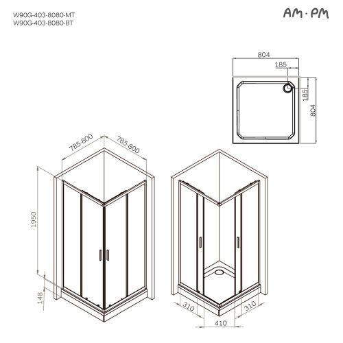 Душевое ограждение 80x80 см, без поддона AM.PM Gem W90G-403-8080-MT фото 3