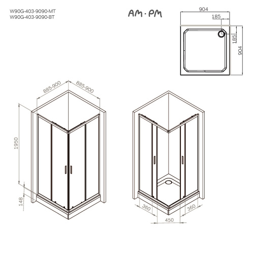 Душевое ограждение 90x90 см, без поддона AM.PM Gem W90G-403-9090BT фото 10