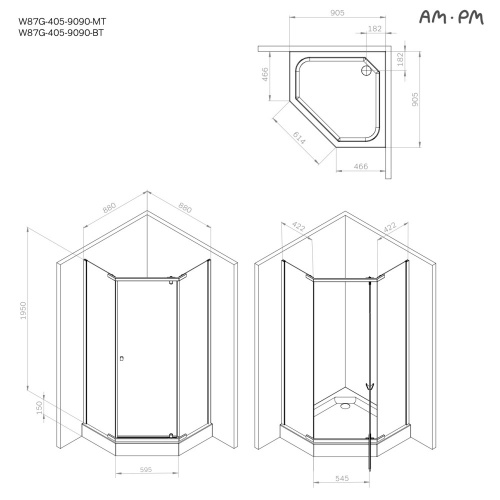 Душевое ограждение 90x90 см, пятиугольное, без поддона AM.PM Sunny W87G-405-9090-BT фото 3