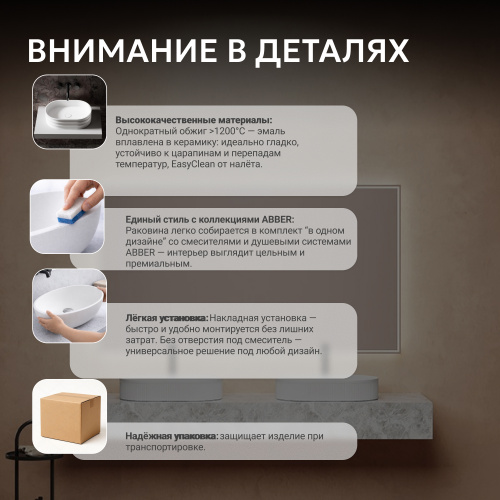Раковина накладная 57,5х36см овальная  белая матовая  ABBER Bequem AC2116MW фото 7