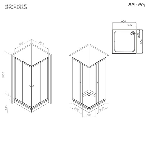 Душевое ограждение 90x90 см, без поддона AM.PM Sunny W87G-403-9090-BT фото 10