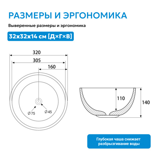 Раковина накладная 32х32см круглая  серая матовая  ABBER Bequem AC2106MG фото 7