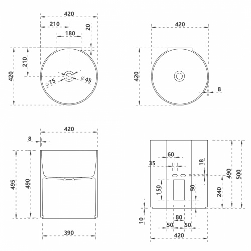 Раковина подвесная прозрачная 42х42см круглая  черная  ABBER Kristall AT2704Onyx фото 6